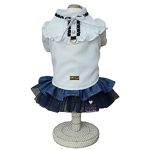Conjunto de Roupa para Cachorro Blusa Tricoline Branca e Saia Jeans