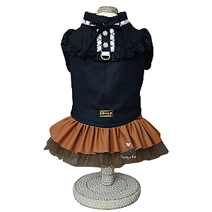 Conjunto de Roupa para Cachorro Blusa Tricoline Preta e Saia Caramelo