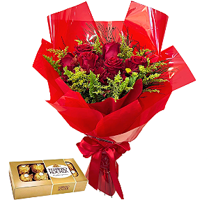 Buquê de 6 Rosas Vermelhas com Ferrero Rocher 8 Bombons