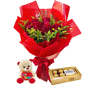 Buquê de 6 Rosas com Ferrero Rocher 8 Bombons e Urso de Pelúcia