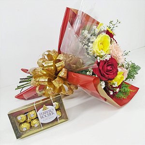 Buquê Mix de Rosas Coloridas com Ferrero Rocher
