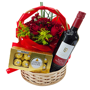 Cesta de Rosas com Vinho e Chocolate Ferrero Rocher