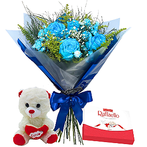 Toque Azul – Buquê com 4 Rosas, Raffaello e Pelúcia