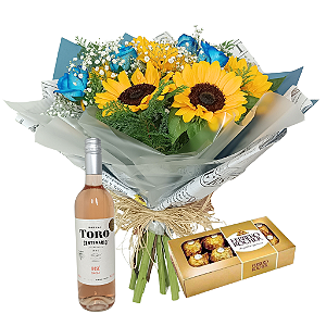 Buquê Van Gogh “A noite estrelada” – 6 Girassóis e 4 Rosas Azuis, Ferrero Rocher e Vinho Rosé