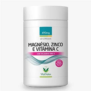 Magnésio, Zinco, e Vitamina C, Colágeno II 60 Cápsulas 490mg