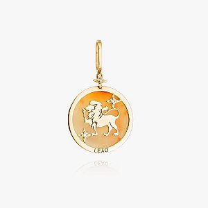 Pingente Medalha Zodíaco Leão em Ouro 18K com Diamantes e Quartzo precioso natural.