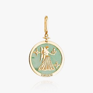 Pingente Medalha Zodíaco Virgem em Ouro 18K com Diamantes e Quartzo precioso natural.