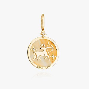 Pingente Medalha Zodíaco Sagitário em Ouro 18K com Diamantes e Quartzo precioso natural.