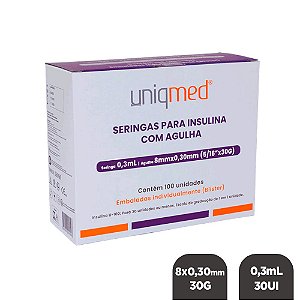 Seringa Insulina 0,3mL 30UI Ag. 8x0,30mm 30G C/ 100un BL Uniqmed