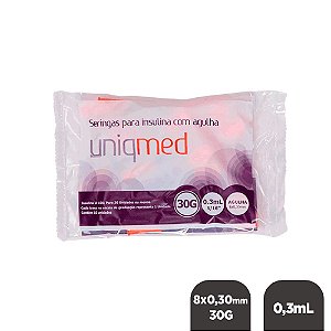 Seringa Insulina 0,3mL 30UI Ag. 8X0,30mm 30G PCT c/ 10un Uniqmed