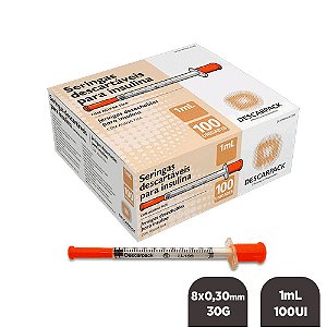 Seringa Insulina 1mL 100UI Agulha 8,0x0,30mm 30G Cx C/ 100Un Descarpack