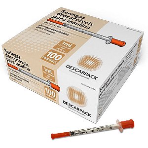 Seringa Insulina 1mL 100UI agulha 12,7x0,33mm 29G caixa c/100Un. Descarpack