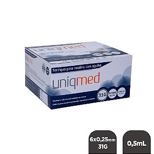 Seringa Insulina 0,5mL 50UI Ag. 6x0,25mm 31G C/ 100un Pc Uniqmed