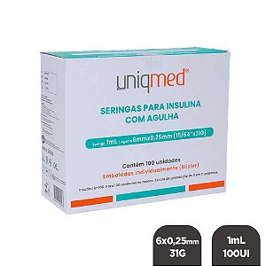 Seringa Insulina 1mL 100UI Ag. 6x0,25mm 31G c/ 100un BL Uniqmed