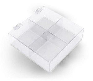 Caixa Organizadora em Acrílico Cristal – Com Tampa 4 repartições medidas: 20cm x 10,0cm x 20cm (Largura x Altura x Profundidade)