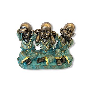 Trio Buda Sentidos Azul c/ Dourado 11cm