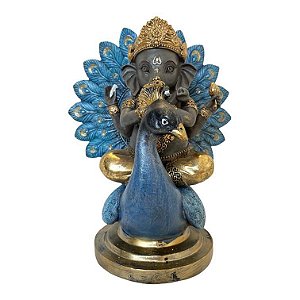 Ganesha com Pavão Azul e Dourado 21cm