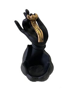 Incensário cascata Mão com Flor de Lótus - preto e dourado