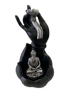 Incensário cascata Mão com Flor de Lótus e Buda - preto e prata