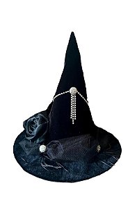 Chapéu de Bruxa Preto com Flor Preta