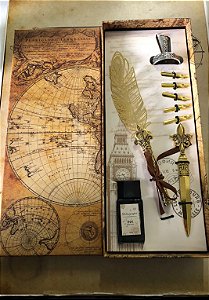 Kit Caneta Tinteiro Retrô Dourada