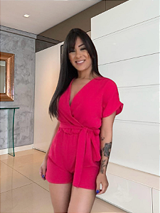 Macaquinho Duna Feminino Viscolinho Manga Curta Cinto Amarração