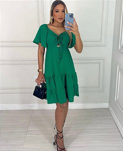 Vestido Curto Alexia Viscose Decotado Manga Curta Saia Babado