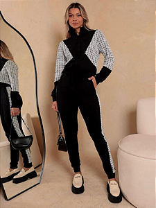 Conjunto Tabata Blusa Moletinho Ziper Detalhes Xadrez e Calça Jogger