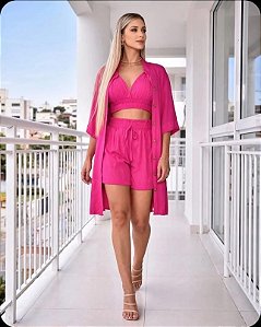 Conjunto Ingrid Viscolinho Kimono Cropped E Short Soltinho