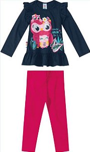 Conjunto Manga Longa Infantil Menina Corujinha Azul Marinho e Rosa - Malwee