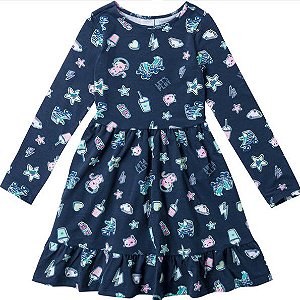 Vestido Manga Longa infantil Menina Estampado Azul Marinho - Malwee