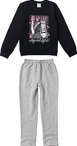 Conjunto  Moletom Flanelado Infantil Menina Inspire Preto - Malwee