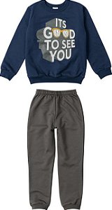 Conjunto Moletom Flanelado Infantil Menino Cinza e Azul Marinho - Malwee