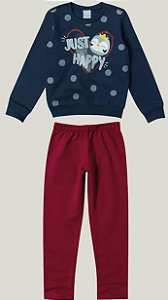 Conjunto Moletom Flanelado Infantil Menina Just Happy Azul e Bordô - Malwee