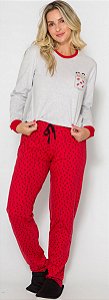 Pijama Manga Longa Adulto Feminino Mônica Vermelho e Cinza - Coleção Mãe e Filha