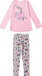 Conjunto Manga Longa Infantil Menina Gatinho Rosa Neon e Cinza - Malwee