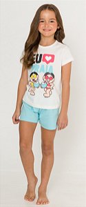 Pijama Manga Curta Infantil Menina Turma da Mônica off-White - Coleção Mãe e Filha