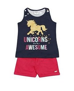 Conjunto Manga Curta Bebê Menina Unicórnio Azul Marinho e Rosa - Rovitex