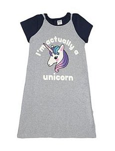 Vestido Manga Curta Infantil Menina Unicórnio Cinza e Azul Marinho - Rovitex