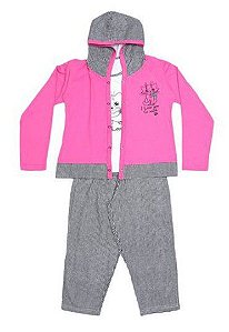Pijama Infantil Gatinho 3 Peças - Rosa e Cinza - Lupo
