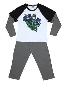 Pijama Infantil en 10 - Manga Raglan - Preto e Cinza Escuro - Lupo