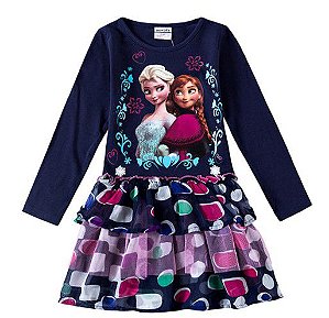 Vestido Bebê Anna e Elsa Frozen - Babados e Tule - Azul Marinho