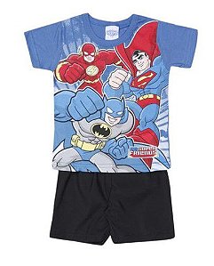 Conjunto de Camiseta e Bermuda DC Super Friends - Liga da Justiça - Preto e Azul - Brandili