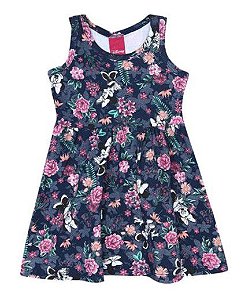 Vestido Infantil Floral Minnie - Azul Marinho - Cativa Disney
