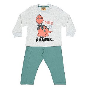 Conjunto Moletom Flanelado Bebê Menino Dinossauro Cinza - Baby Fun