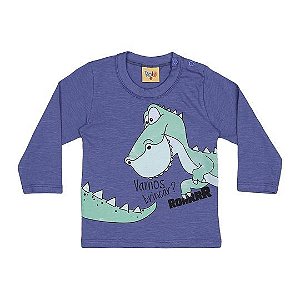 Camiseta do Dinossauro - Manga Longa - Azul - Bebê - Rolú