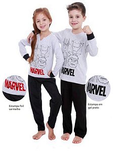 Pijama Manga Longa Infantil Menina Avengers Branco e Preto