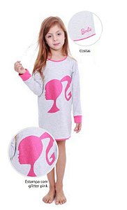 Camisola Manga Longa Infantil Menina Barbie com Glitter - Cinza e Rosa