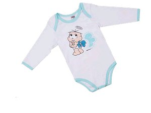 Body Manga Longa Bebê Turma da Mônica Branco e Verde Água