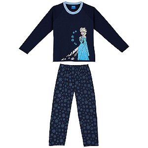 Pijama Manga Longa Infantil Menina Frozen Rainha Elsa Azul Marinho - Lupo